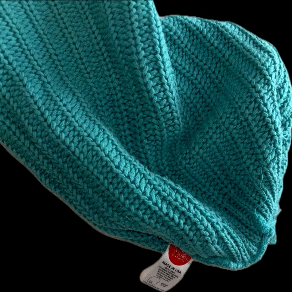 Teal Knit Beanie with Leather Patch 100% thick cable knit cotton hat skully cap - Picture 4 of 7
